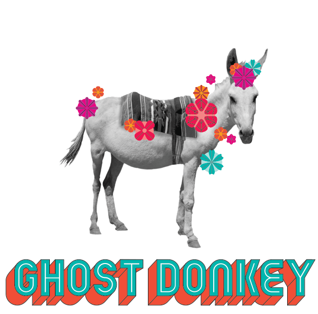 Ghost Donkey Logo:  A donkey with flowers on him/her